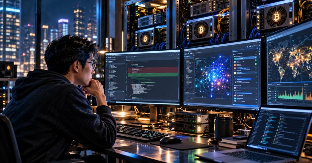 Engineer reviewing Bitcoin Core security code and network telemetry beside a wall of Bitcoin node servers