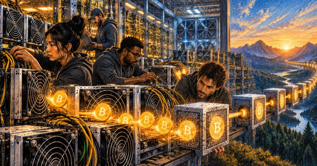 A diverse team of Bitcoin mining technicians works among ASIC miners as newly issued bitcoin symbols emerge from the mining process.