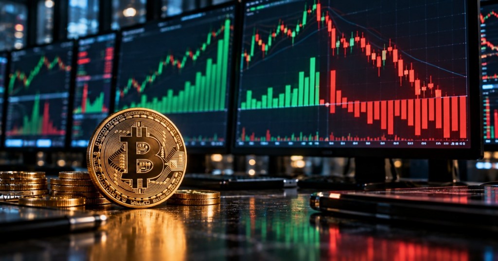 Gold Bitcoin coin in front of trading screens showing a shift from green gains to red losses