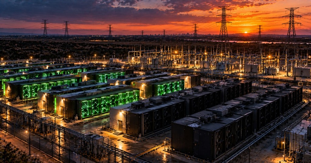 Bitcoin mining containers beside an electrical substation and transmission grid with some mining rows curtailed during high grid demand