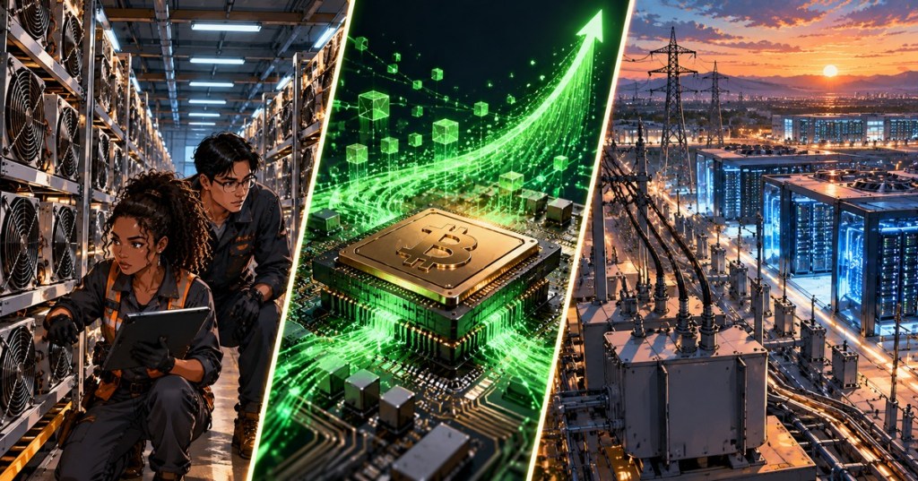 Original wordless editorial artwork with two diverse technicians at Bitcoin mining ASIC racks, a central glowing Bitcoin chip and rising computational flow, and a high-voltage substation supplying data centers at sunset; conceptual, not documentary.