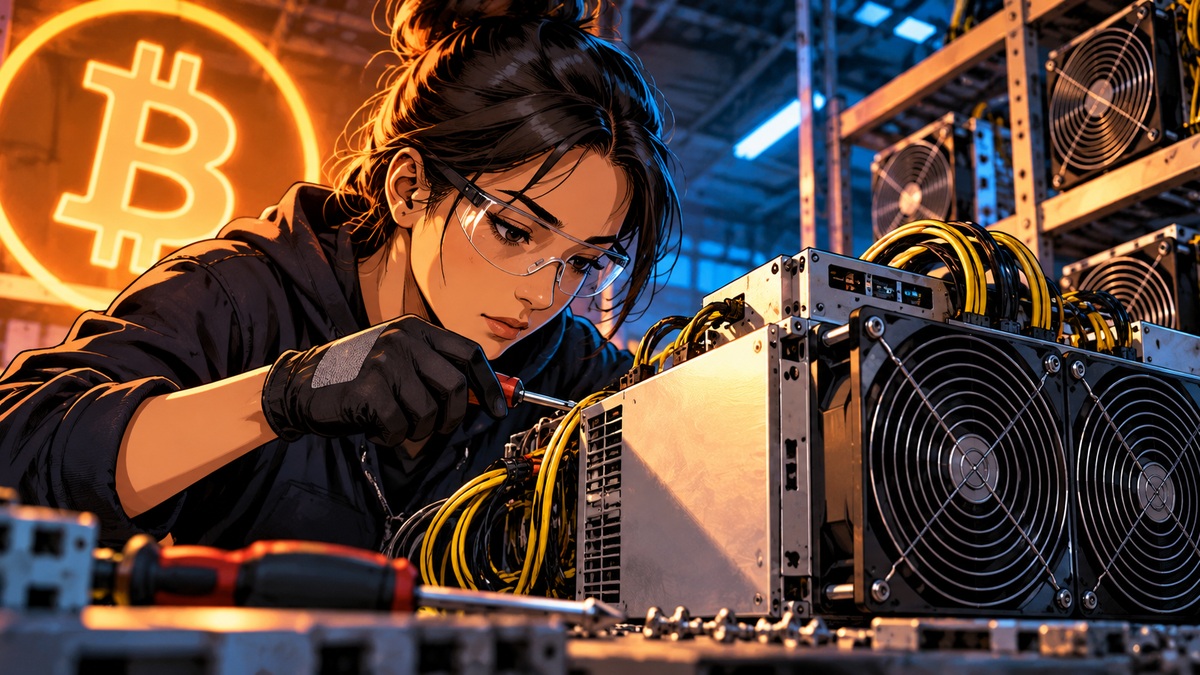Stylized close-up of a technician servicing an ASIC miner as Bitcoin mining fleets return to full operation after summer curtailment.
