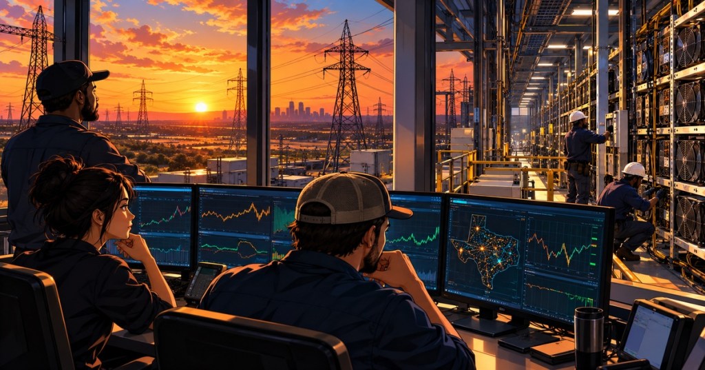 Anime-style Bitcoin mining control room overlooking Texas power infrastructure as operators monitor hashrate and grid conditions after summer curtailment.