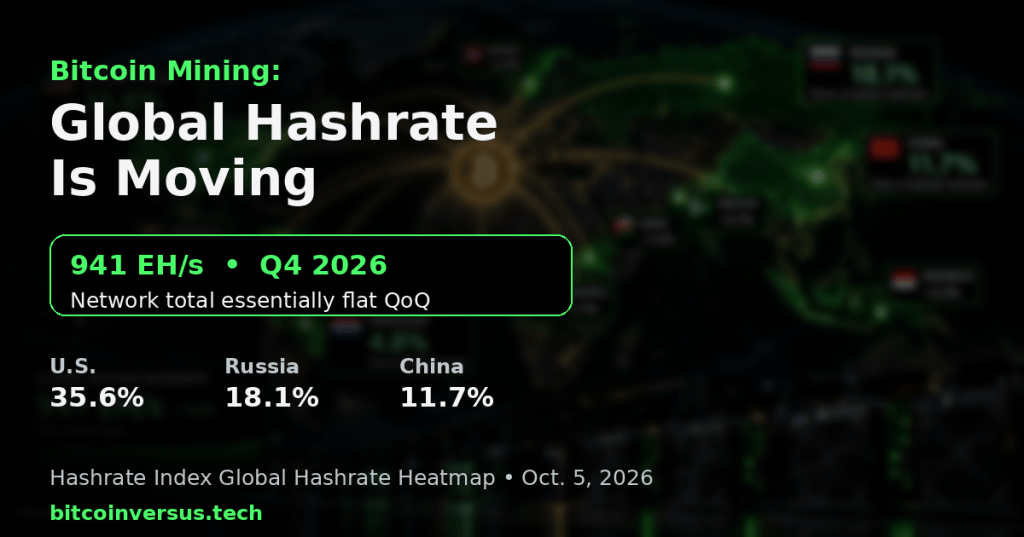 Dark global Bitcoin mining map with ASIC miners and verified Q4 2026 headline statistics showing roughly 941 EH/s global hashrate, U.S. share 35.6%, Russia 18.1%, and China 11.7%.