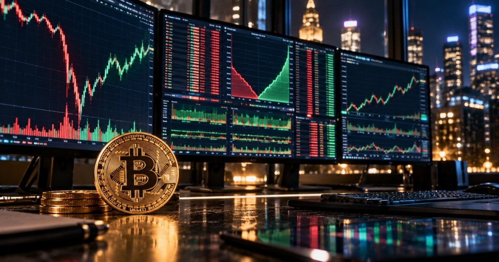 Bitcoin coin on a trading desk with market charts and order-book screens showing a market recovery after a sharp crash