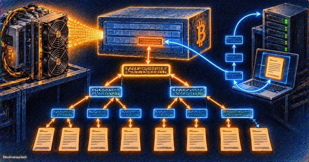 Colored-pencil illustration showing Bitcoin transactions hashed into a Merkle tree, converging into one Merkle root inside a block header while mining hardware performs proof of work.