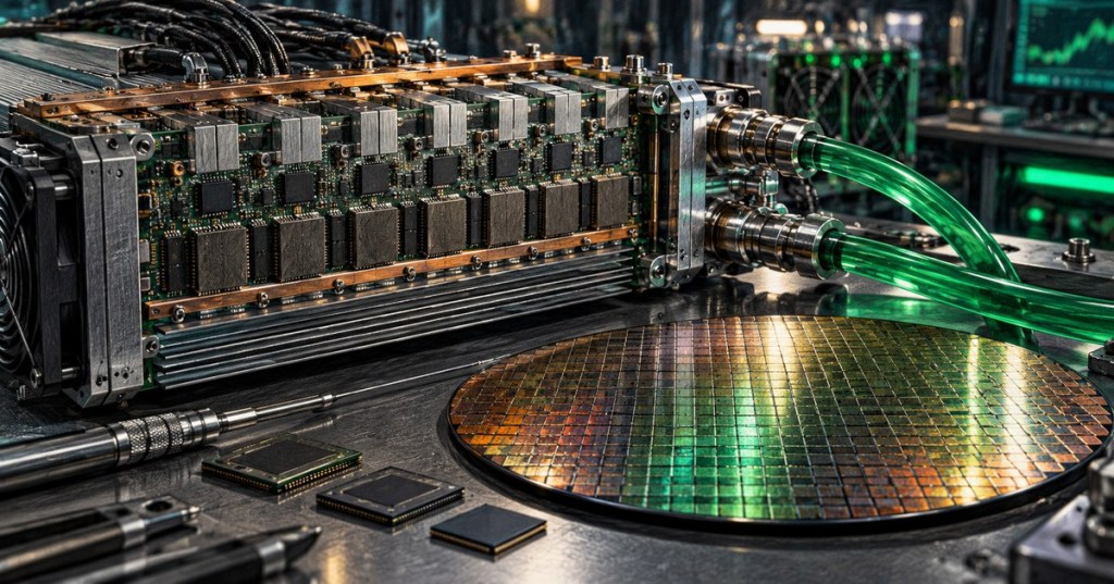 Original photorealistic editorial illustration of a hydro-cooled Bitcoin mining ASIC hashboard and a silicon wafer on a semiconductor inspection workbench; not an official vendor product photo.