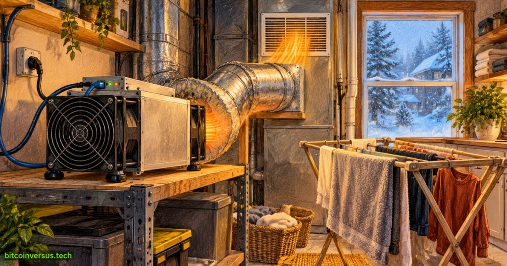 Editorial illustration of a home Bitcoin miner ducting warm exhaust into a laundry and HVAC system during winter