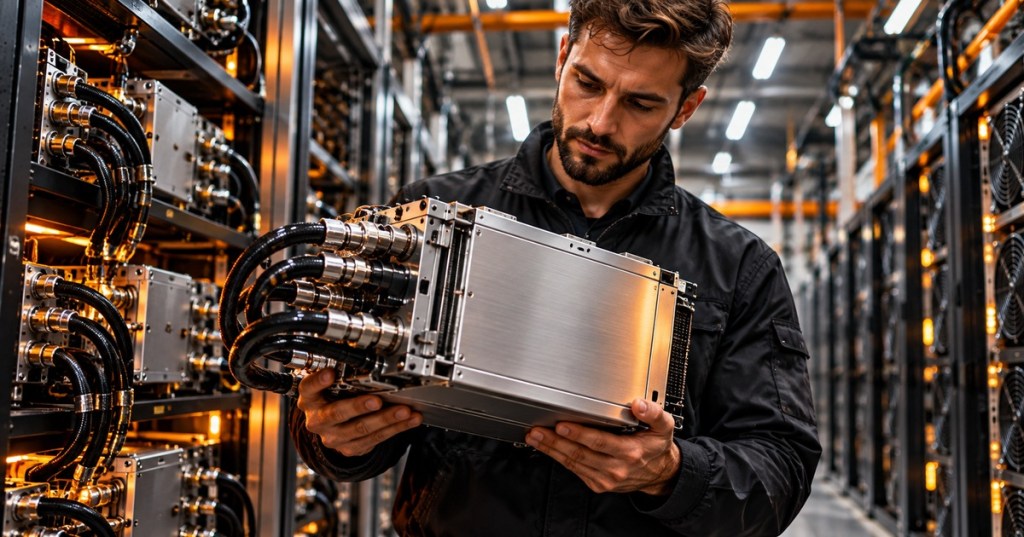 Technician examining a liquid-cooled Bitcoin miner in a data center