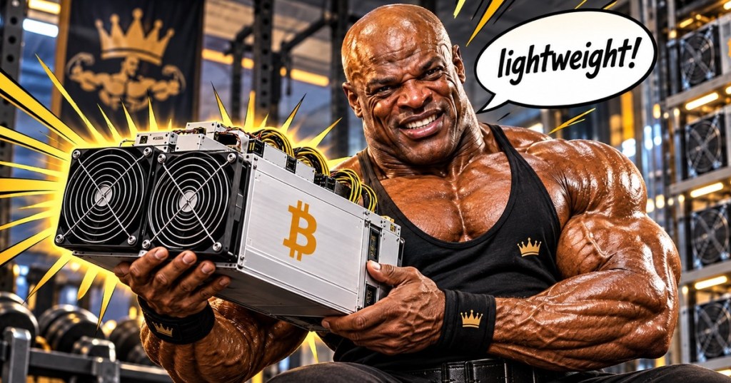 Ronnie Coleman holding a Bitcoin ASIC miner with both hands beside a comic speech bubble that says lightweight.