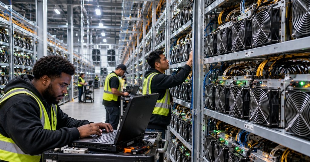 Technicians working among rows of Bitcoin mining ASICs as network hashrate approaches one zettahash per second.