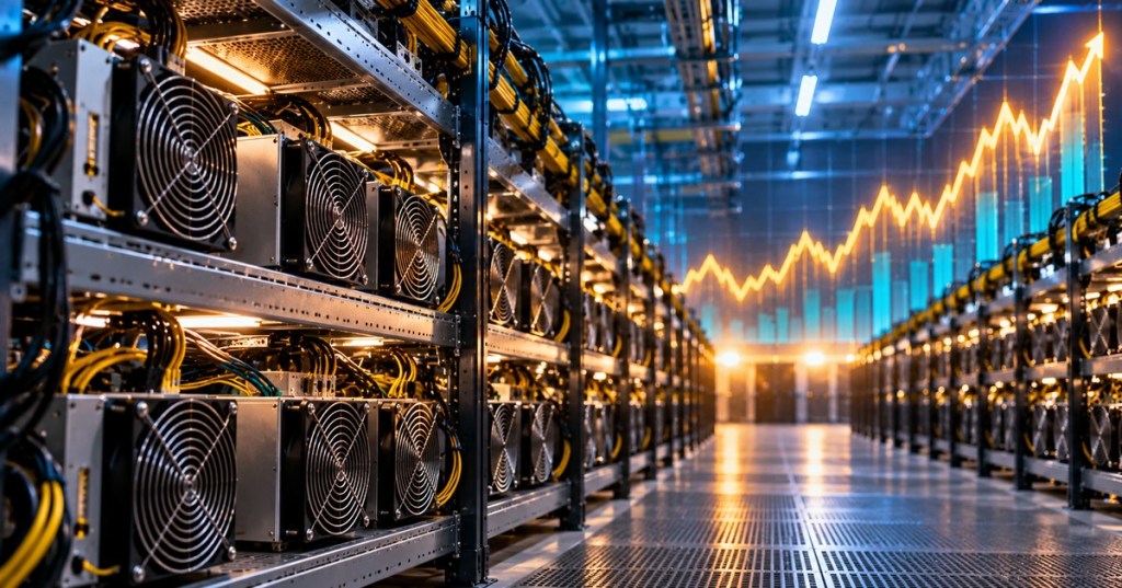 Realistic Bitcoin mining facility with rows of ASIC miners and an abstract revenue trend chart representing hashprice and mining economics.