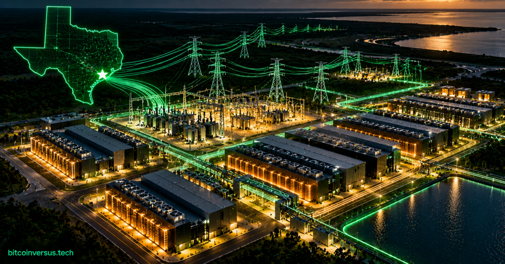 Conceptual Texas power and digital infrastructure campus with substations, transmission lines and data center buildings.