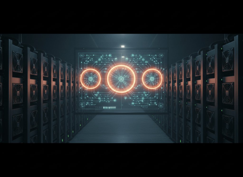 Bitcoin mining ASICs in a dark data center with three dominant network hubs representing mining-pool concentration.
