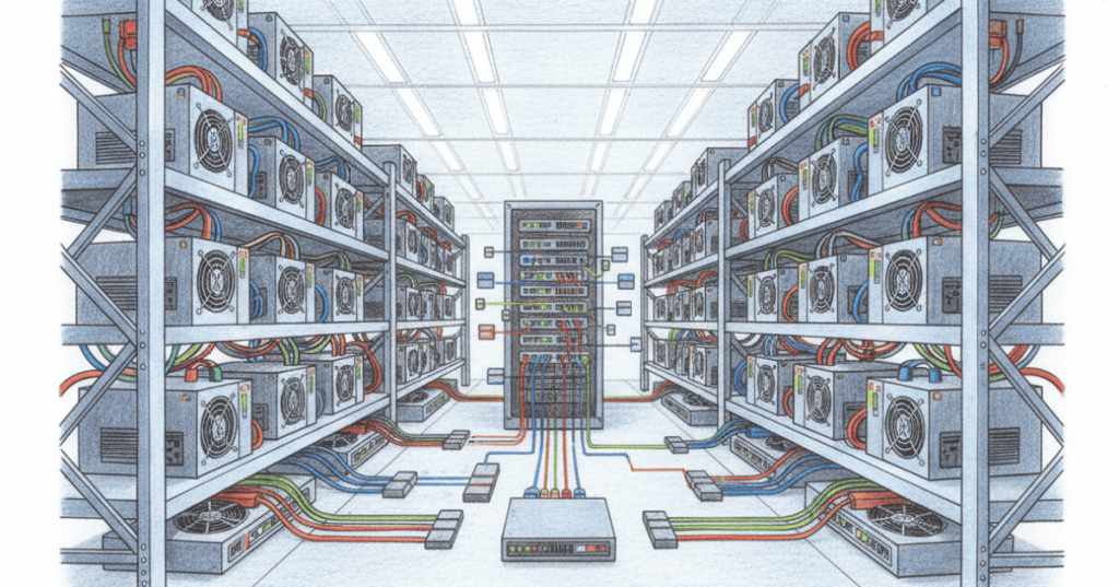 Bitcoin mining facility with ASIC miners connected to a mining pool server, illustrating pool shares.