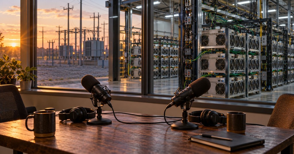 Original AI-generated editorial illustration in photographic style: podcast microphones beside a window overlooking ASIC mining racks and power infrastructure.