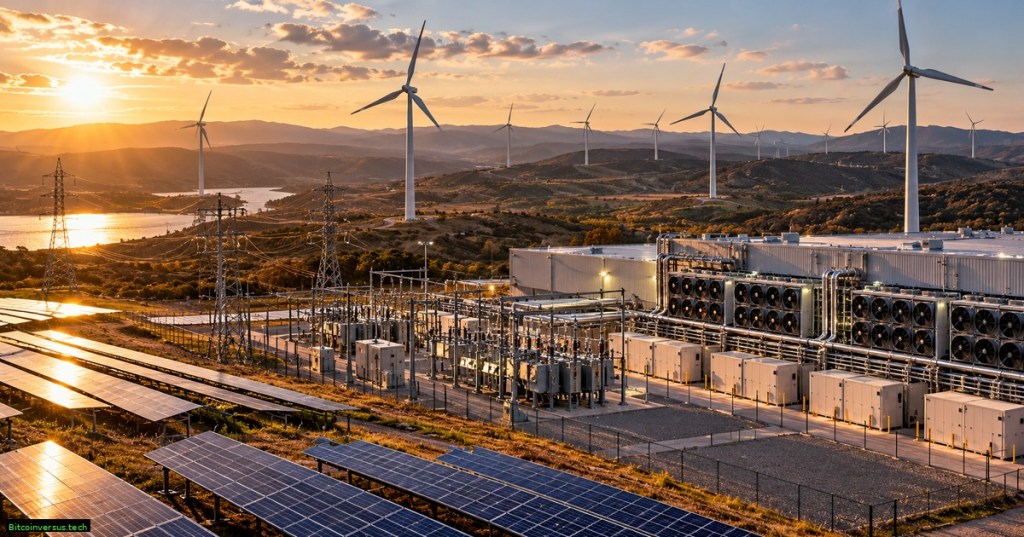 A renewable-energy campus with wind turbines, solar panels, grid equipment, and high-density compute infrastructure illustrating flexible Bitcoin mining load.