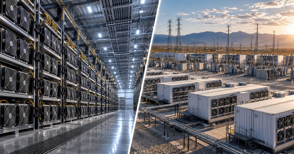 Editorial split-screen of industrial Bitcoin mining ASIC racks and power-intensive mining campus infrastructure.