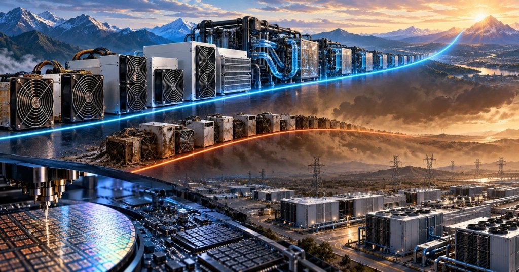 Text-free editorial illustration showing modern liquid-cooled Bitcoin mining hardware advancing toward a technological frontier while an older mining path flattens under diminishing efficiency gains.