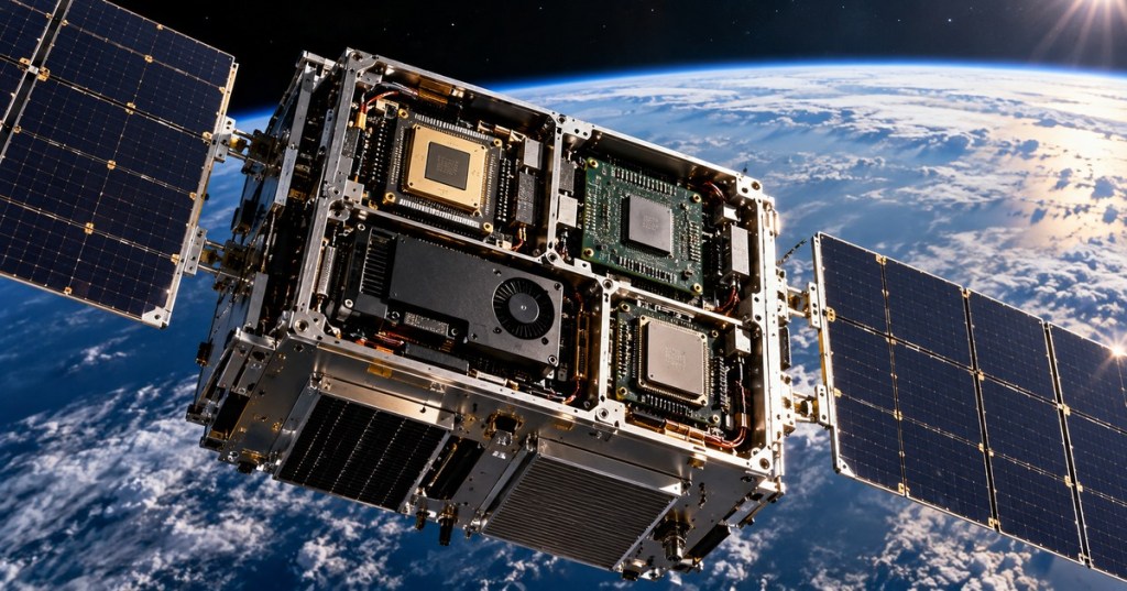 Original BitcoinVersus illustration of a satellite carrying high-performance computer chips in orbit above Earth