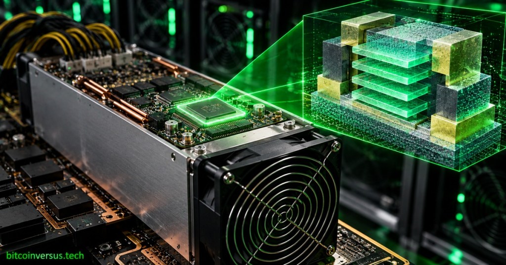 Bitcoin ASIC miner and hashboard beside a neon-green visualization of a gate-all-around nanosheet transistor in a dark data center.