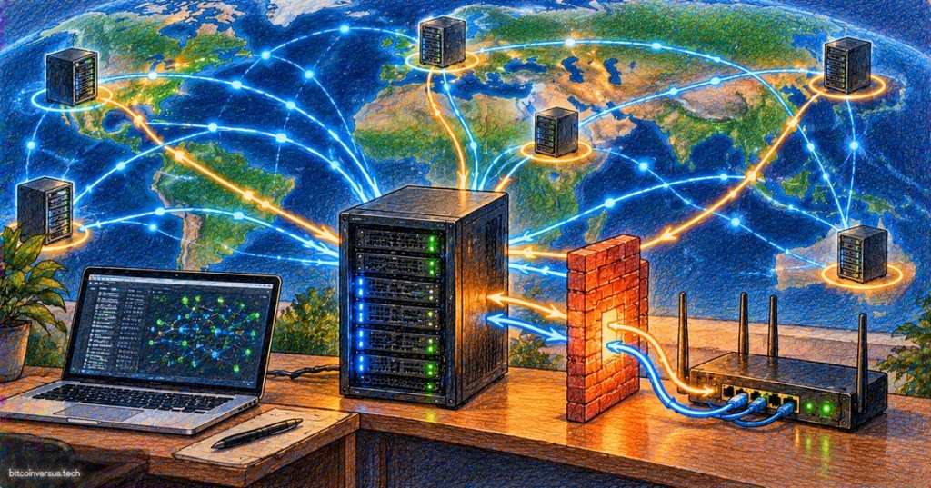 Colored-pencil illustration of a Bitcoin full node connecting through a router and firewall to peer nodes around the world.
