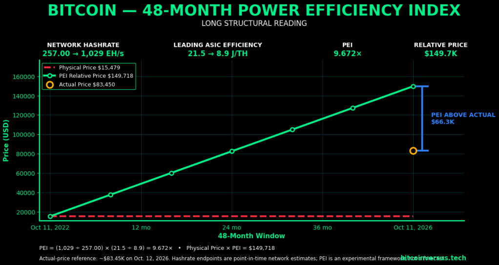 Bitcoin 48-month Power Efficiency Index chart showing PEI 9.672x, relative price about $149.7K and actual price about $83.45K
