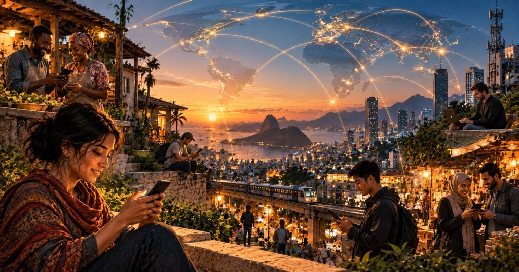 Photorealistic editorial scene of diverse people across a connected city and global network at sunset, representing Bitcoin as a borderless monetary network.