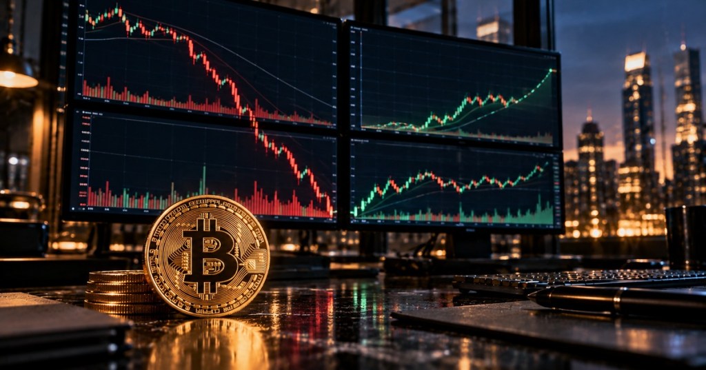 Bitcoin coin in front of market screens showing a sharp decline and later recovery