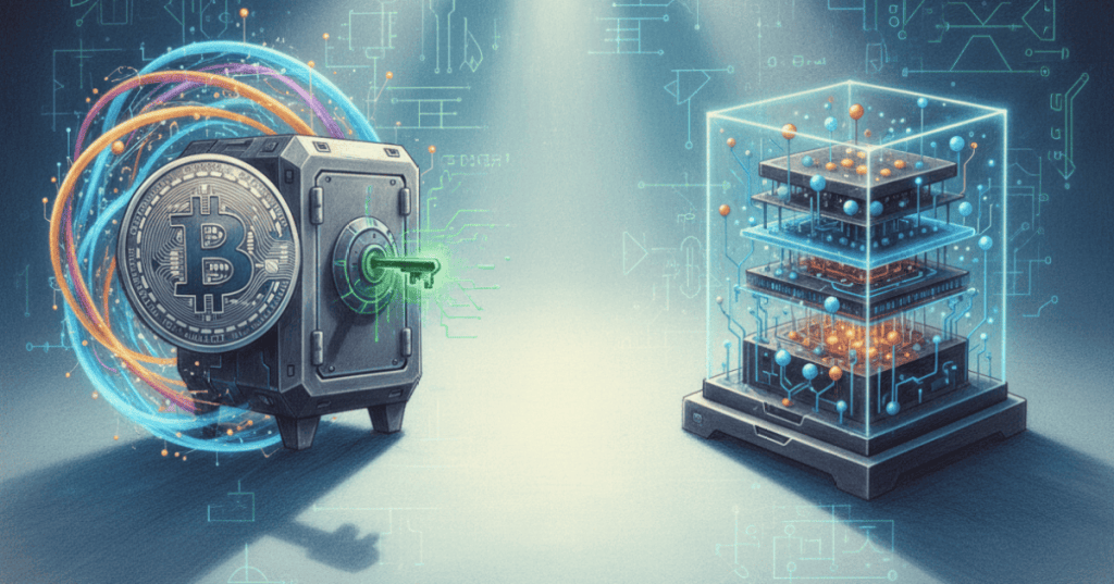 Illustration of Bitcoin cryptography facing a distant quantum computer, symbolizing a reduced but still impractical quantum attack threshold.
