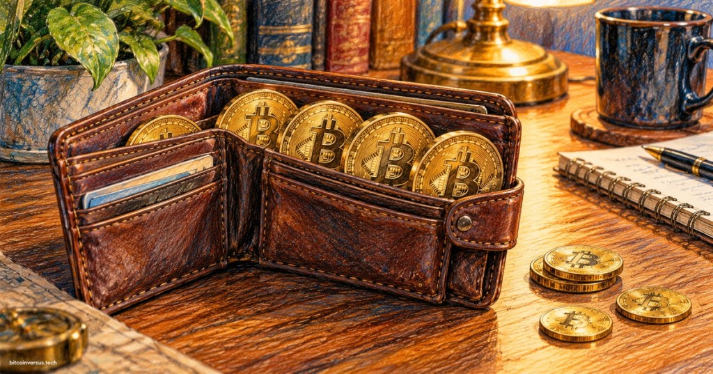 Colored-pencil illustration of an open wallet holding several distinct Bitcoin coins, representing separate UTXOs that together make up a wallet balance.