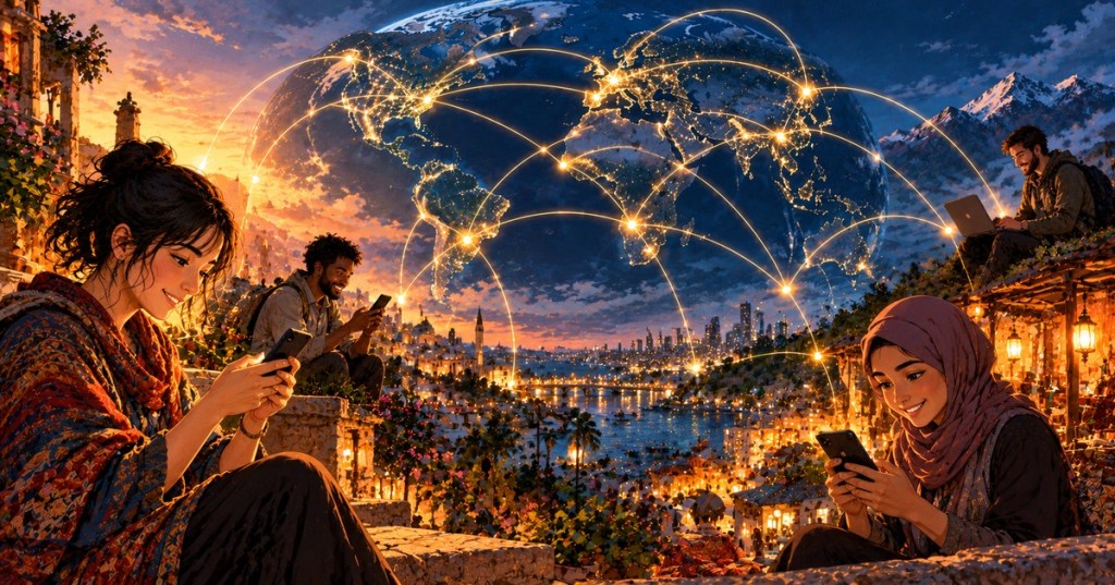 Anime-style editorial illustration of people around the world using phones and laptops connected by a glowing global peer-to-peer network.
