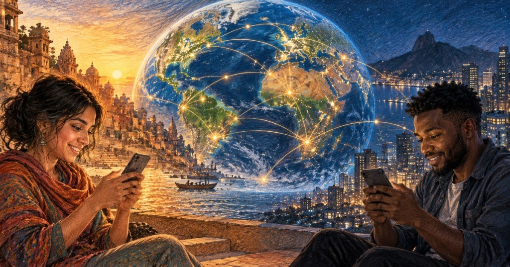 Realistic color-pencil editorial illustration of two people in different parts of the world using smartphones while a glowing global payment network connects them.
