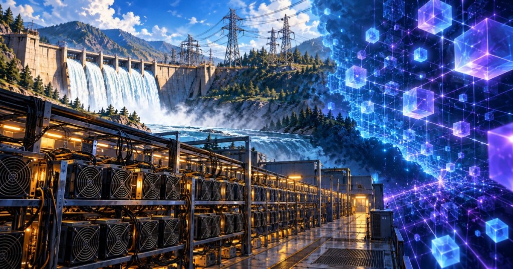 Anime-style Bitcoin mining facility beside hydroelectric power and transmission infrastructure contrasted with an abstract digital network.