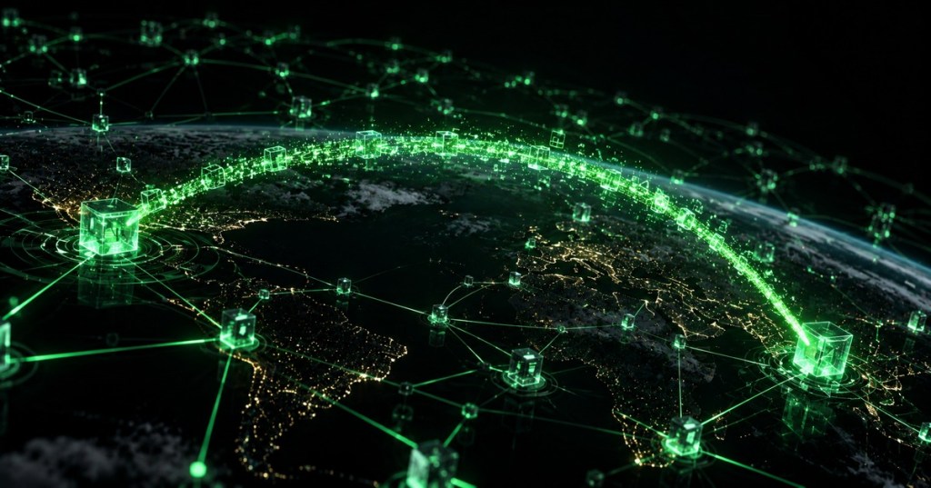 Minimal black and neon-green technical illustration of a peer-to-peer digital money network connecting endpoints across the globe.
