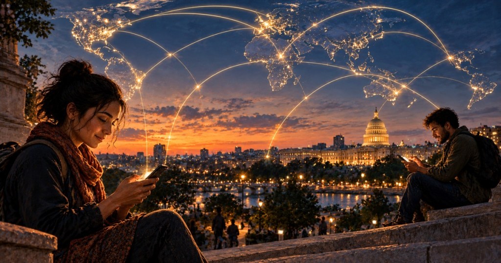 Realistic editorial scene of two people using smartphones beneath a global network map overlooking a city and government building at sunset.