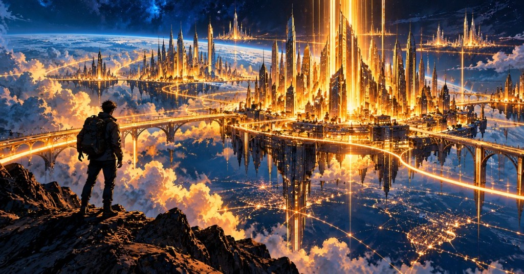 Wordless cinematic comic-style scene of a traveler overlooking a luminous futuristic city suspended in cyberspace.