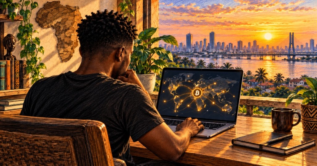 Editorial color-pencil scene of a Bitcoin user in Africa viewing a global Bitcoin network at sunset.
