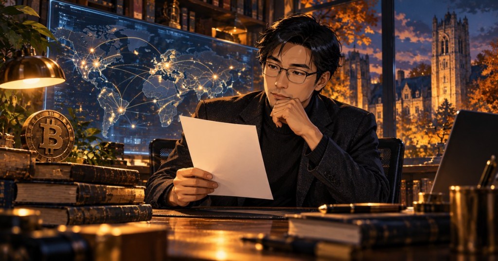 Anime editorial artwork of an adult East Asian male researcher reading a document beside a Bitcoin emblem and illuminated global network map; illustrative, not Satoshi Nakamoto
