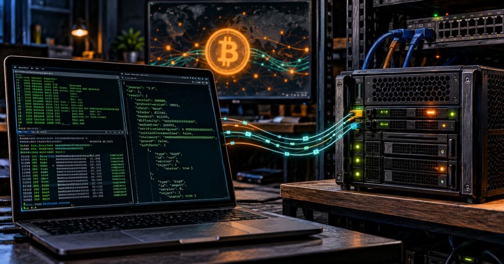 Bitcoin full node server connected to a laptop showing terminal commands and JSON-RPC data