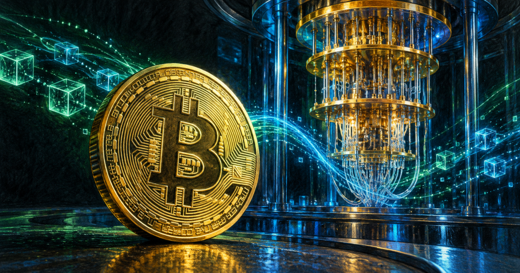Color-pencil illustration of a Bitcoin coin beside a futuristic quantum computer, representing the possible future quantum threat to Bitcoin cryptography.