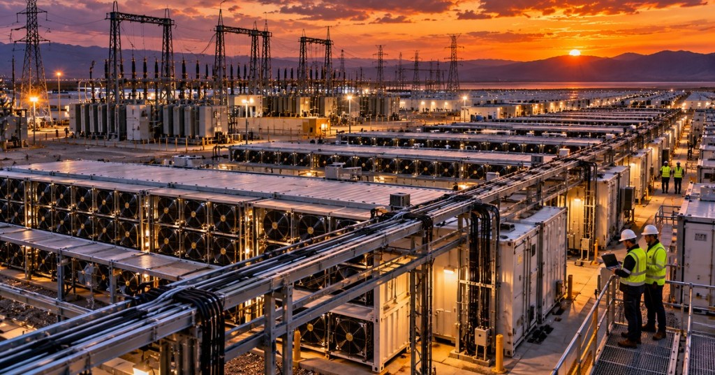 Richly detailed Bitcoin mining site at sunset with engineers, ASIC mining containers and electrical substations