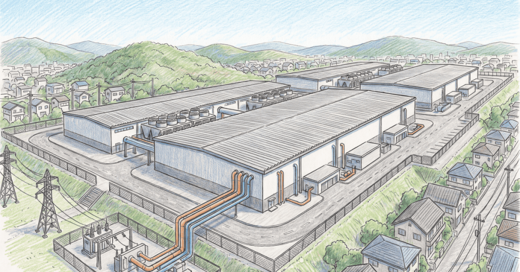 Colored-pencil illustration of a large Japanese hyperscale data center campus with cooling and utility infrastructure.