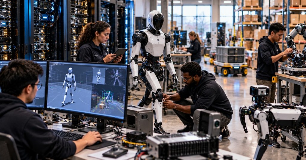 Engineers working with humanoid, quadruped, and industrial robots beside simulation workstations and server racks, illustrating an open physical AI development toolchain.