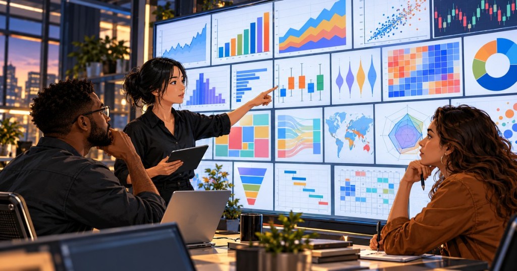 Anime editorial illustration of analysts reviewing many types of charts across an expansive digital analytics wall.