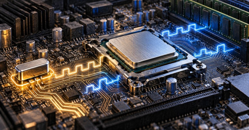 Color-pencil editorial illustration of a CPU and motherboard synchronized by square-wave clock signals.