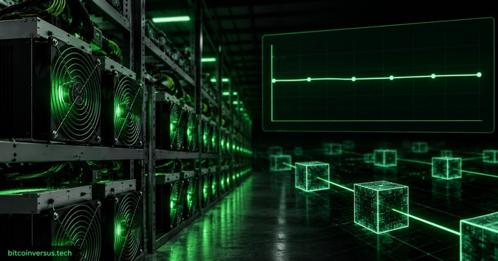 Neon green and black Bitcoin mining data center with an almost-flat difficulty graph and blockchain network visualization