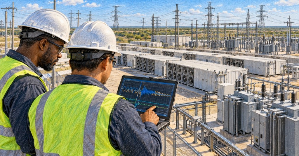 Two engineers review voltage waveforms beside a Bitcoin mining site, substation and Texas transmission grid, illustrating ERCOT dynamic modeling and ride-through requirements.