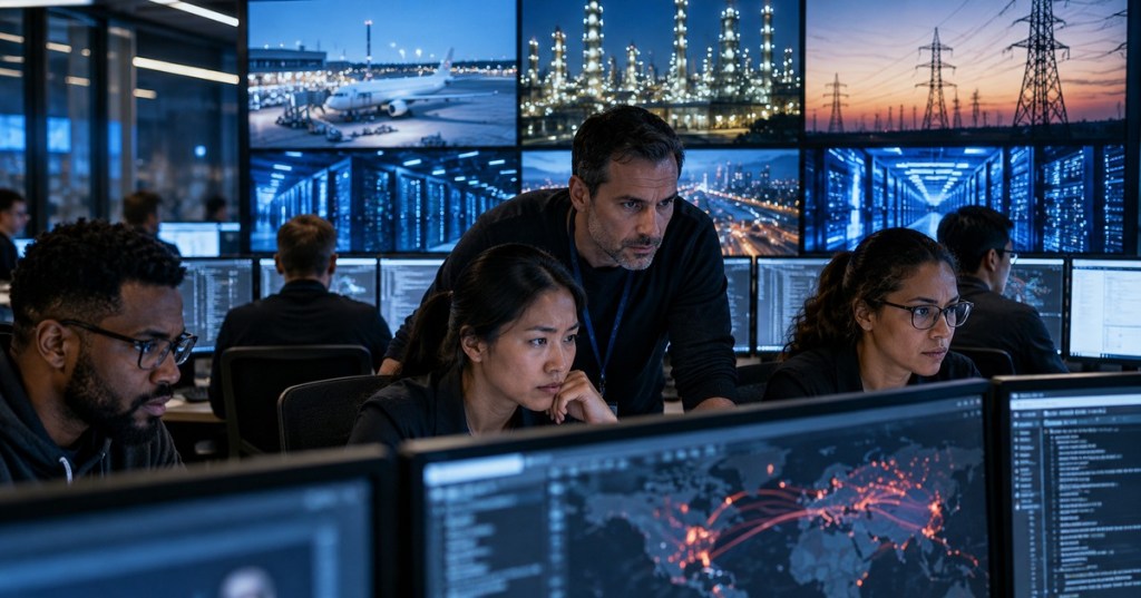Cybersecurity analysts monitor threats to airports, power grids, industrial systems, and data centers.