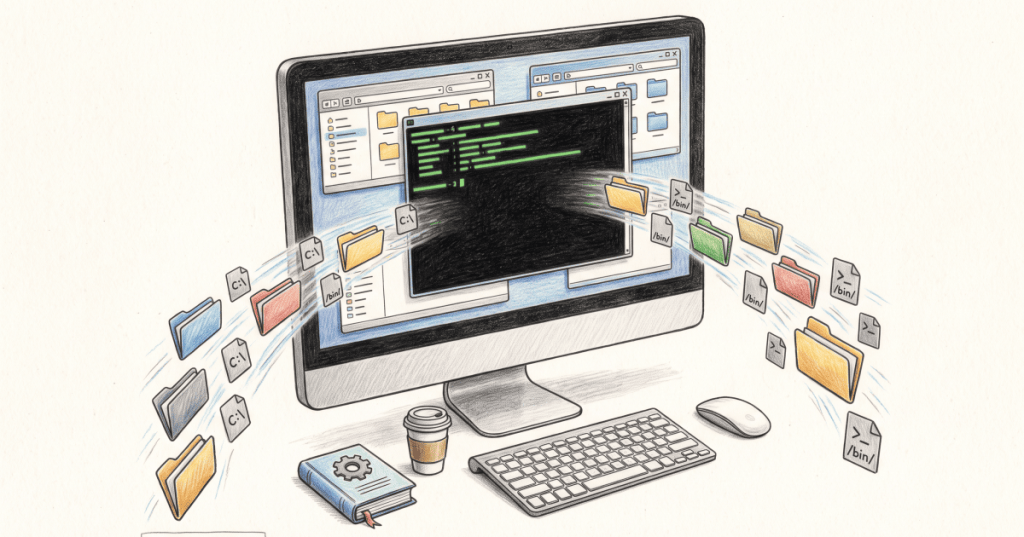 Colored-pencil illustration of a desktop terminal with folders and executable icons representing command search paths.